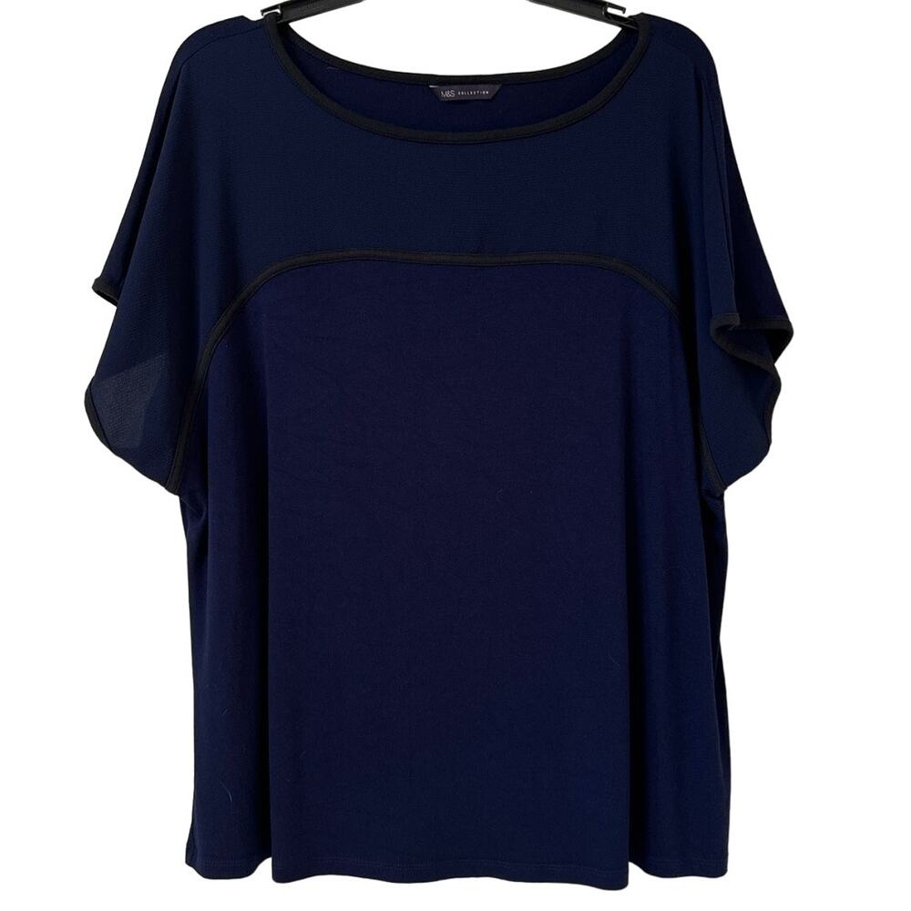 M & S Collection, XL Navy Blue Scoop Neck Batwing Top with Black Piping